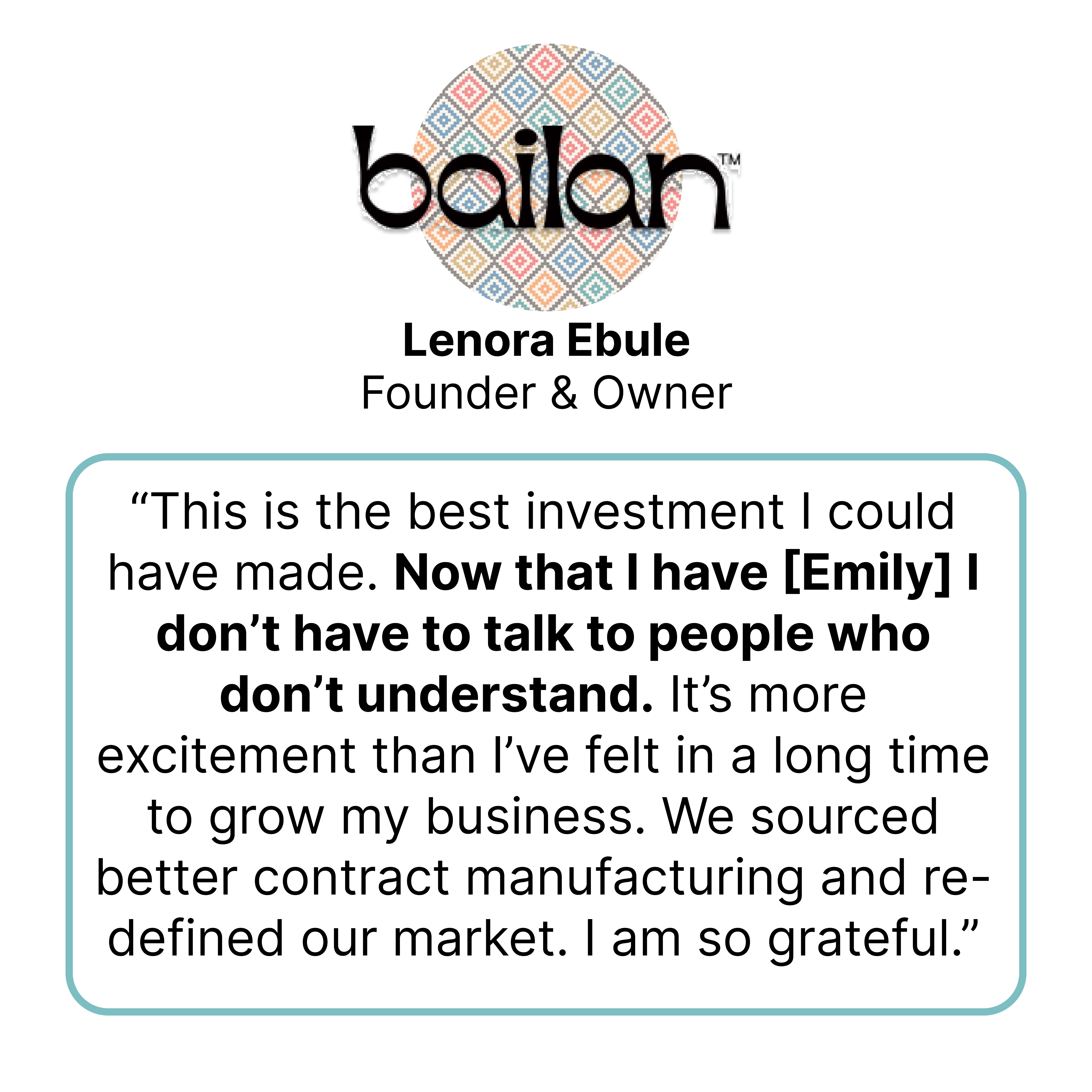 Client review of working with Emily Anne Page as a Business Growth Consultant. Lenora Able, Bailan