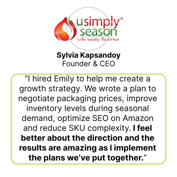 Client review of working with Emily Anne Page as a Business Growth Consultant. U SimplySeason, Sylvia Kapsandoy