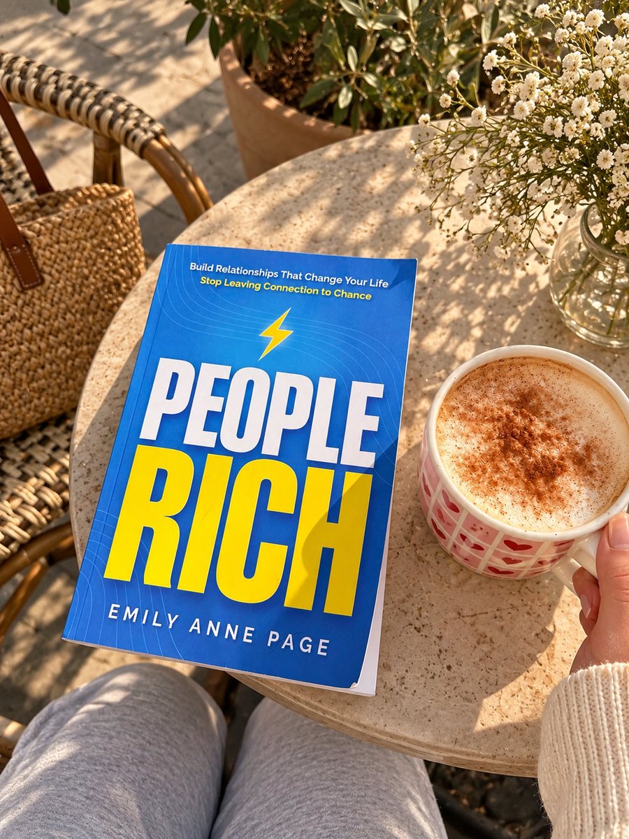 People Rich paperback on a café table next to a cappuccino